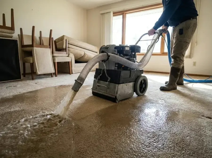 A restoration technician setting up drying equipment in a Sun City, CA home