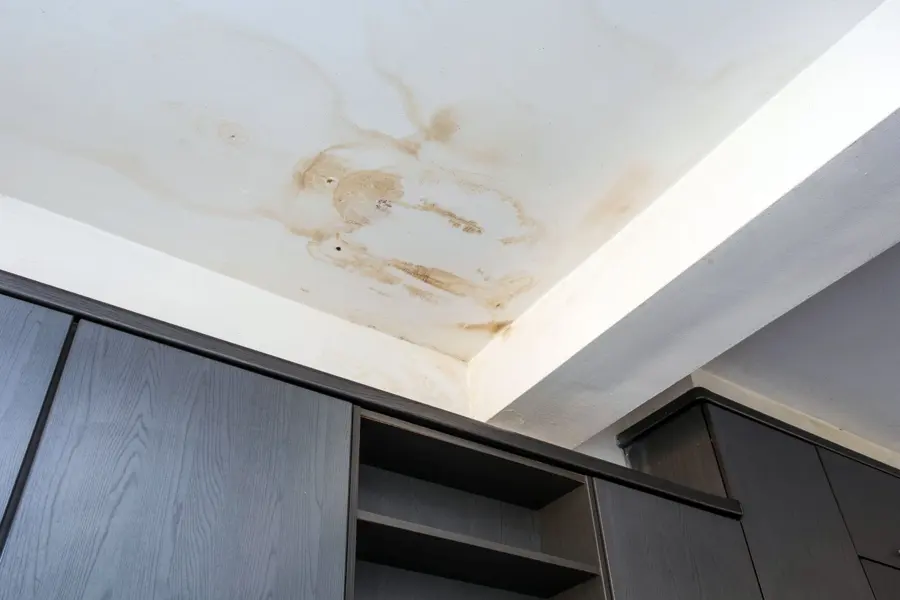 A water-stained ceiling from a leak in a Sun City, CA home
