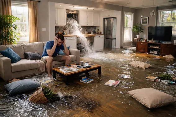 Storm flood water damage cleanup in a Sun City, CA living room