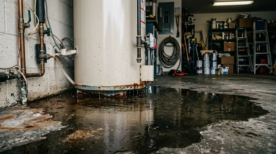 A failed water heater flooding a garage floor in Sun City, CA